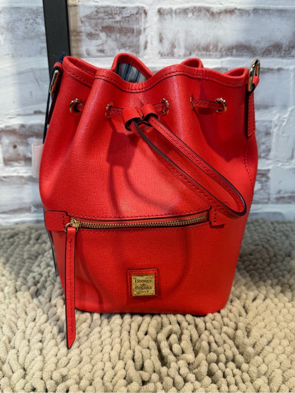 Dooney & Bourke Red Saffiano Leather Drawstring Crossbody Bucket Bag MWT